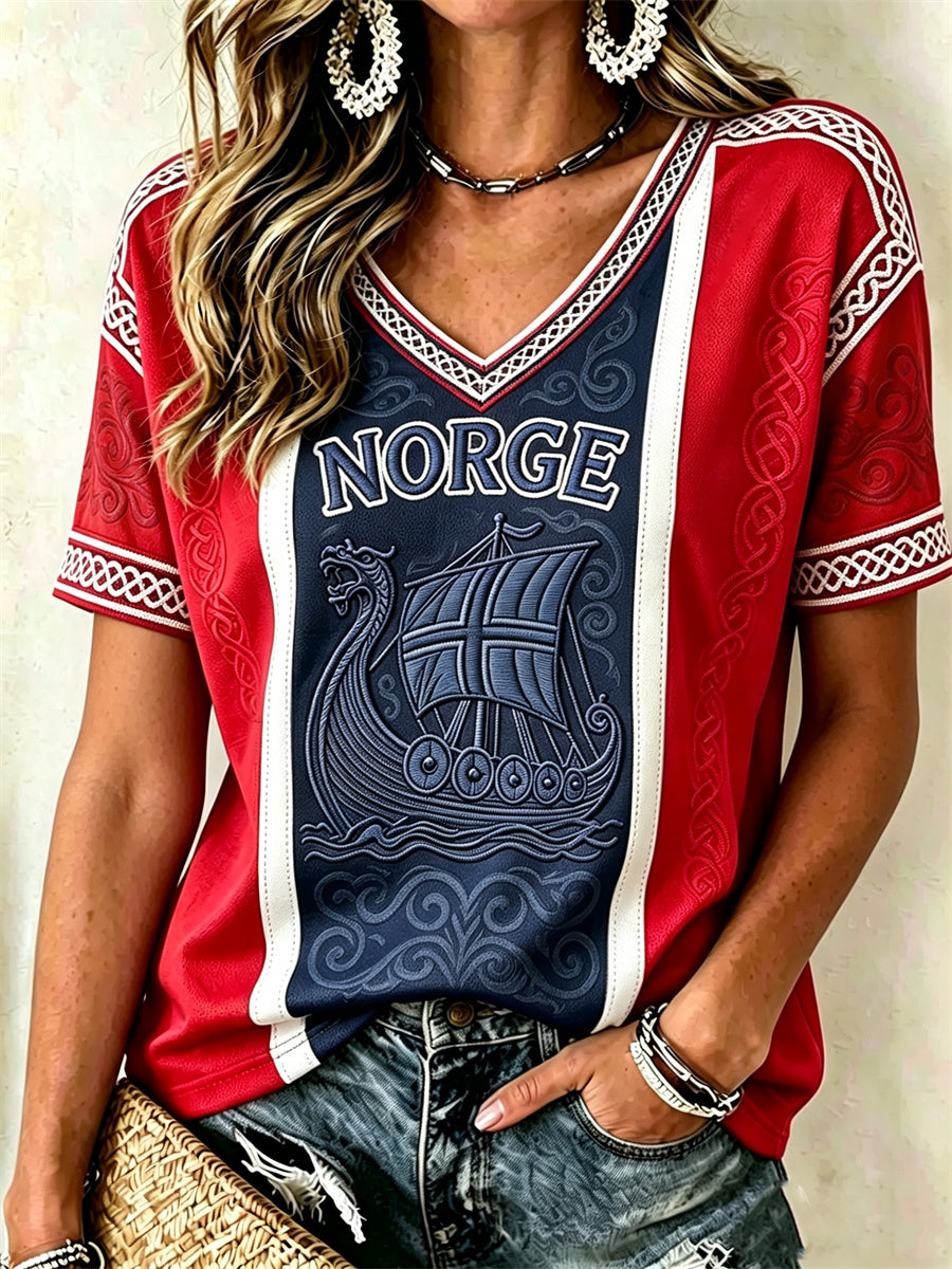 Kvinner Norge Viking Ship Celtic Knota Flag Fargeblokk Skriv korte ermet T-skjorte