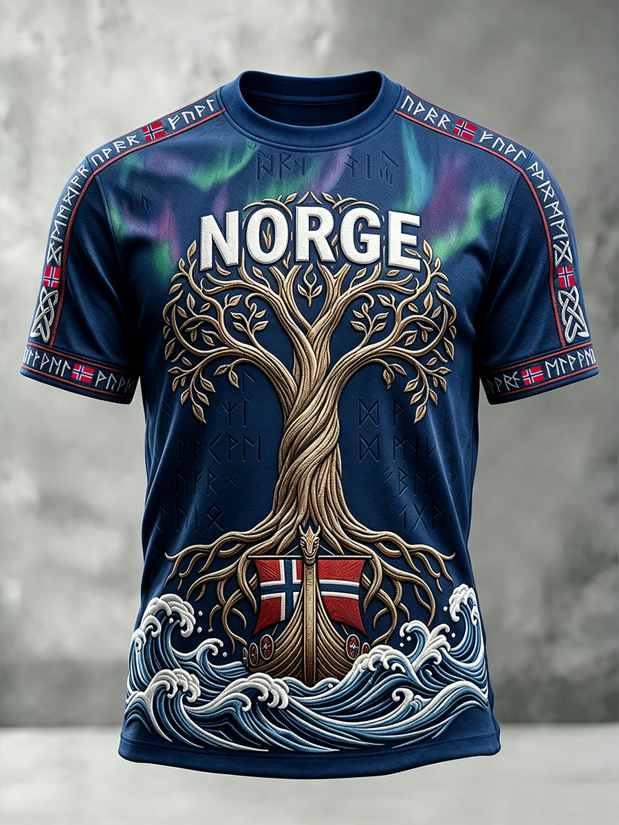 Herre-Viking Livets Tre-kunst Norgesflagg-print T-skjorte med korte ermer