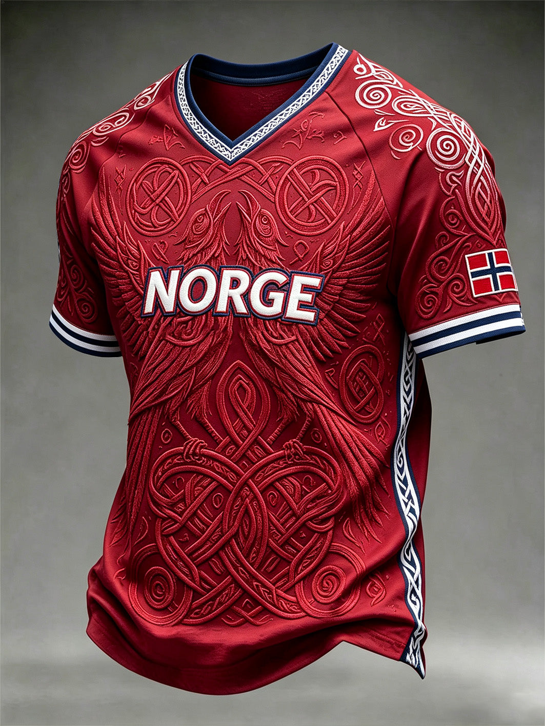 Herrerens retro vikingtrøye med norsk mønster og V-utringning