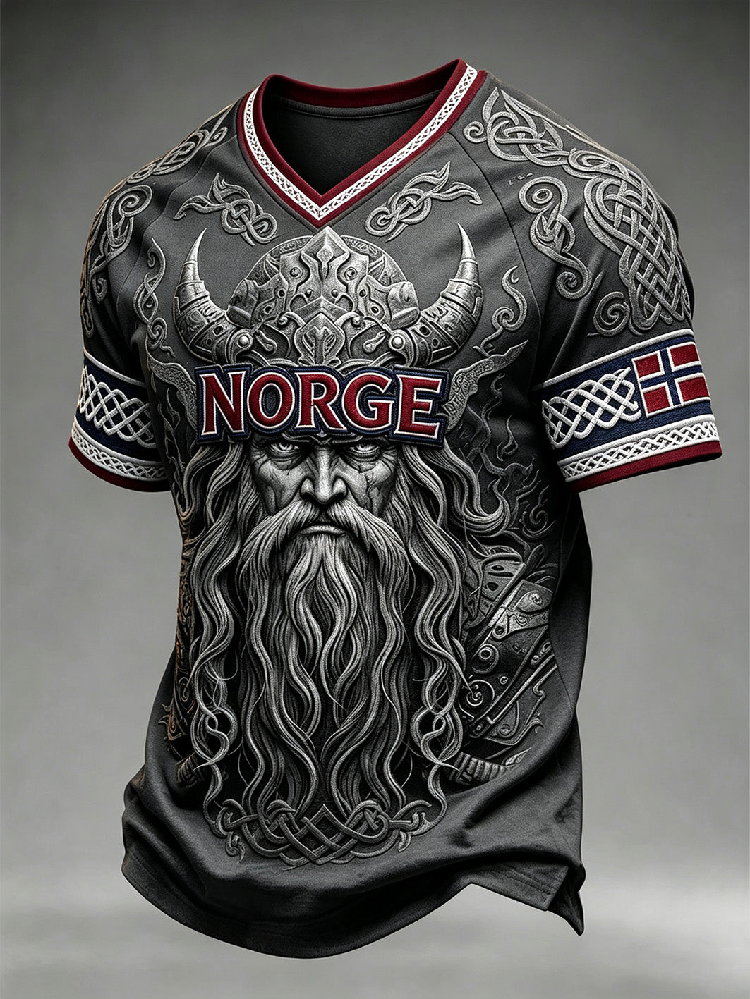 Herrerens retro vikingtrøye med norsk mønster og V-utringning