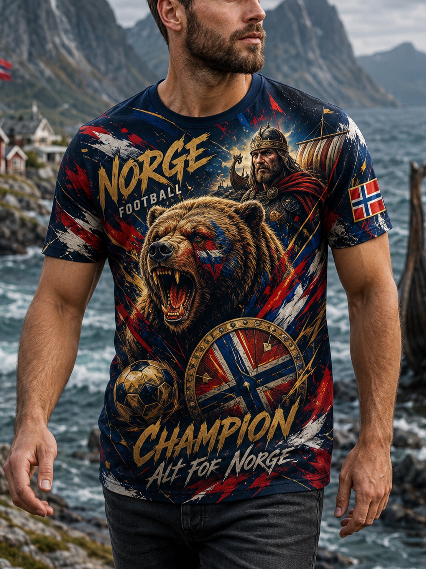 Herrer T-skjorte med norsk viking-inspirert patriotisk kulturkunsttrykk