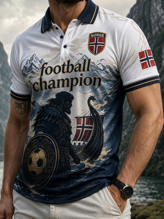 Menns polo-skjorte med norsk viking-inspirert patriotisk kulturkunsttrykk