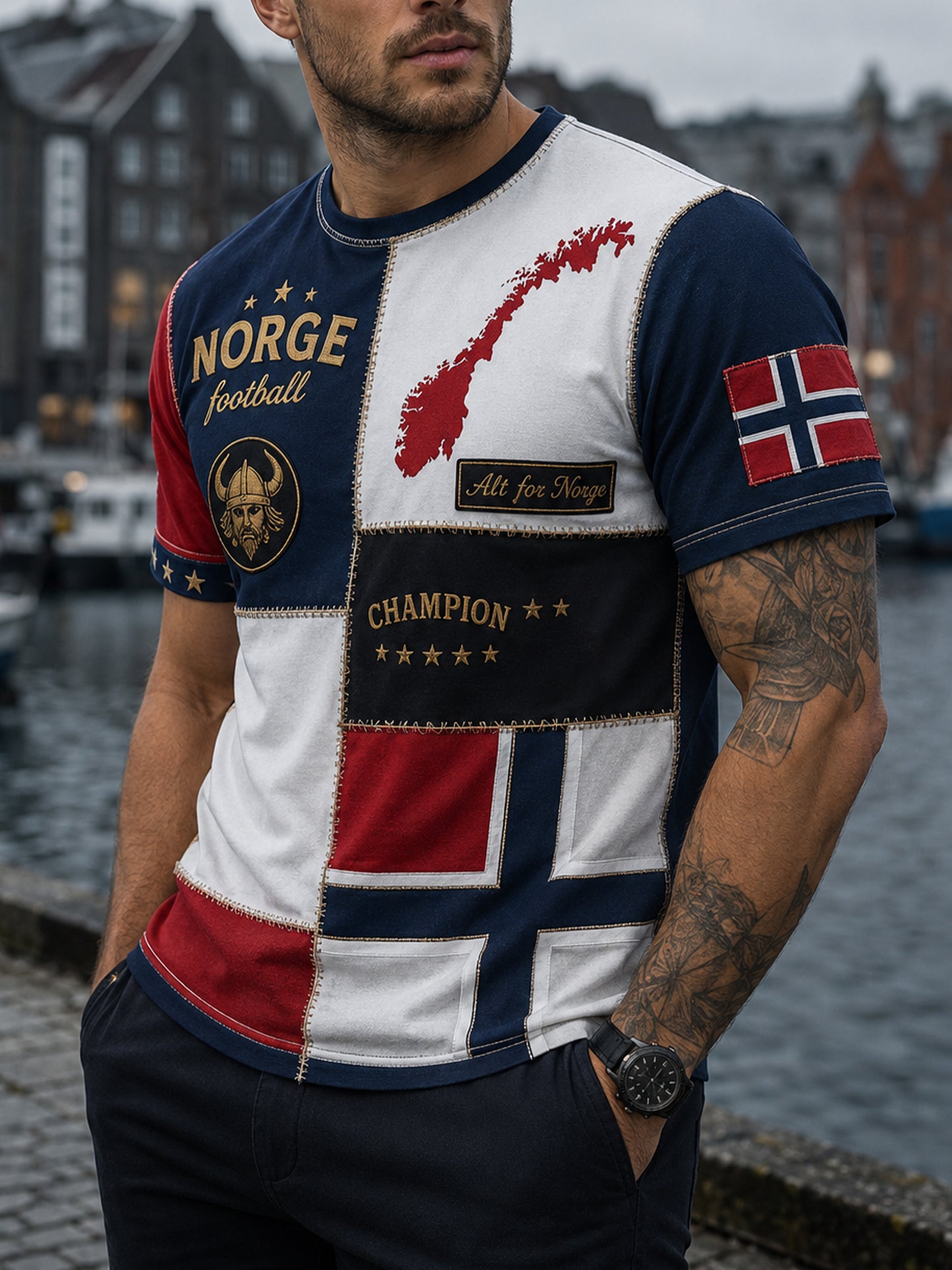 Herrer T-skjorte med norsk viking-inspirert patriotisk kulturkunsttrykk