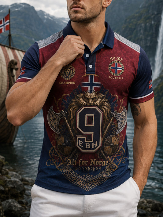 Menns polo-skjorte med norsk viking-inspirert patriotisk kulturkunsttrykk