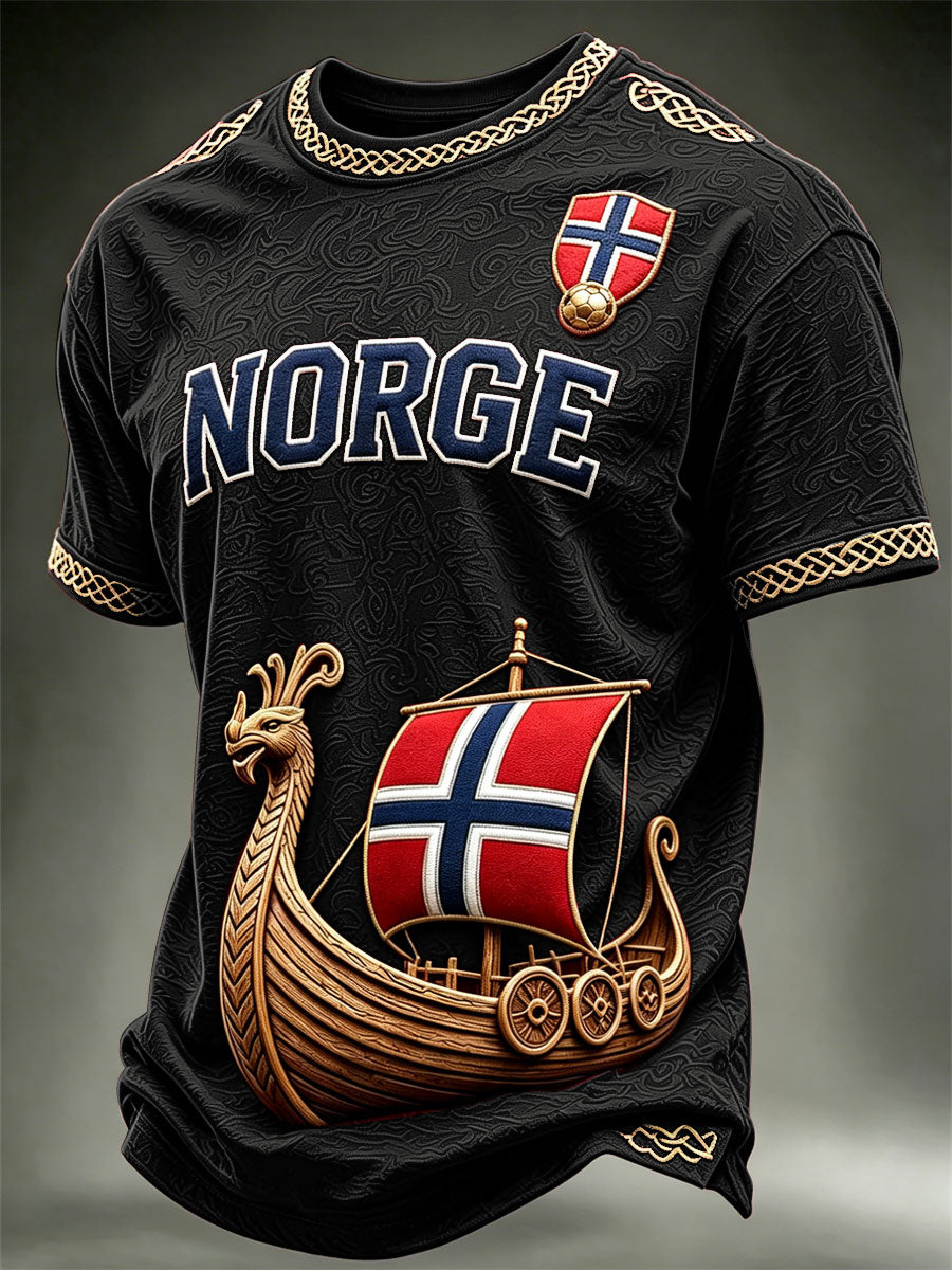 Herre Norge Vikingeskips-Norge Fotball- og flagg kunsttrykk t-skjorte med korte ermer