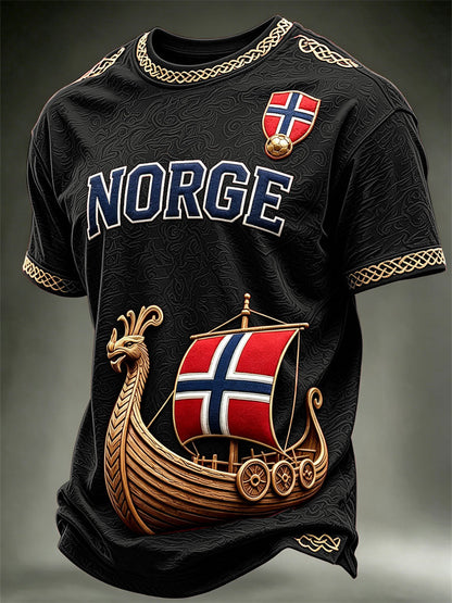 Herre Norge Vikingeskips-Norge Fotball- og flagg kunsttrykk t-skjorte med korte ermer