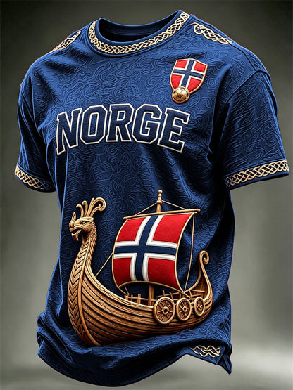 Herre Norge Vikingeskips-Norge Fotball- og flagg kunsttrykk t-skjorte med korte ermer