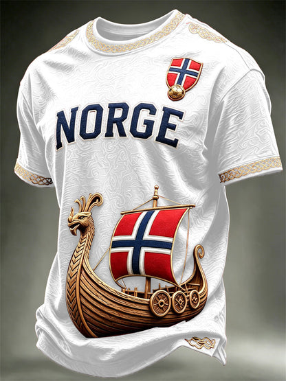 Herre Norge Vikingeskips-Norge Fotball- og flagg kunsttrykk t-skjorte med korte ermer