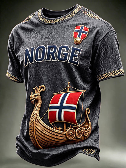 Herre Norge Vikingeskips-Norge Fotball- og flagg kunsttrykk t-skjorte med korte ermer