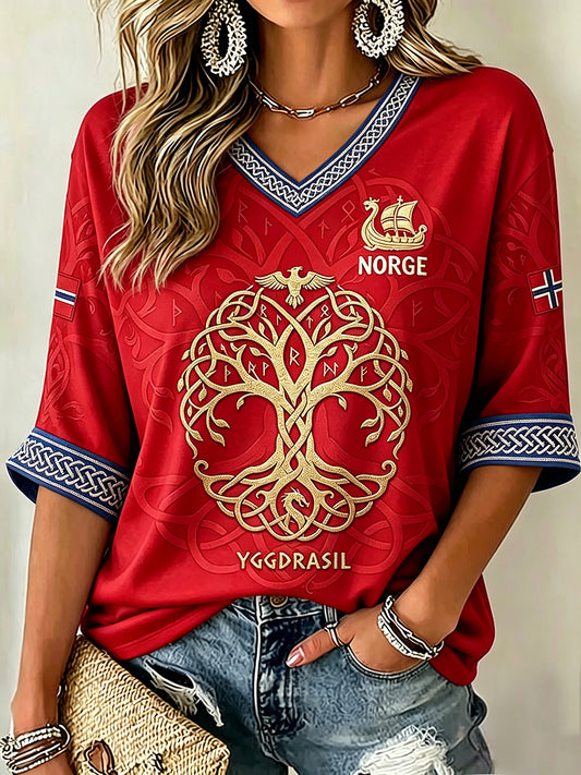 Kvinnernes vikinge tre av liv keltisk trykk midt lengde ermer V-hals T-shirt