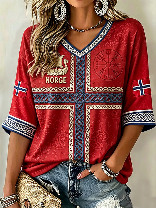 Kvinner Norge Viking Inspirert mønsterflagg Skriv ut Midt lengde ermer V-hals T-shirt