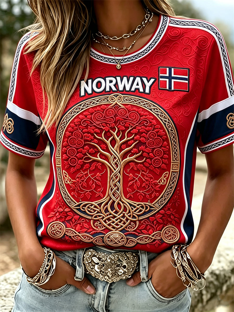 Kvinner Norge Viking Tree of Life Celtic Knota Flag Skriv ut korte ermet T-skjorte