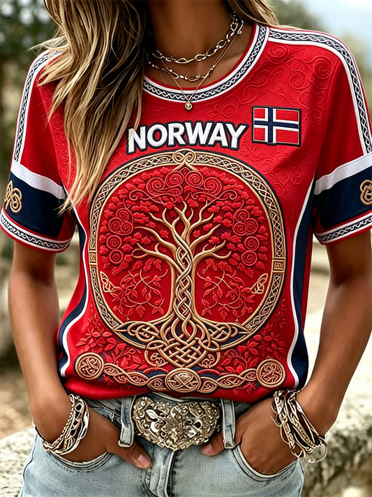 Kvinner Norge Viking Tree of Life Celtic Knota Flag Skriv ut korte ermet T-skjorte