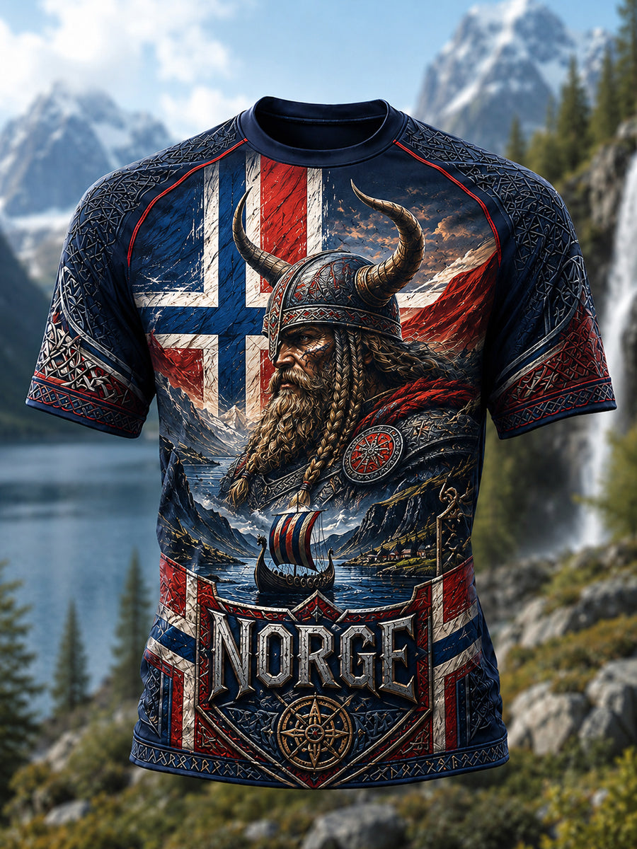 Retro norsk vikingskriger- lappeverks- T-shirt
