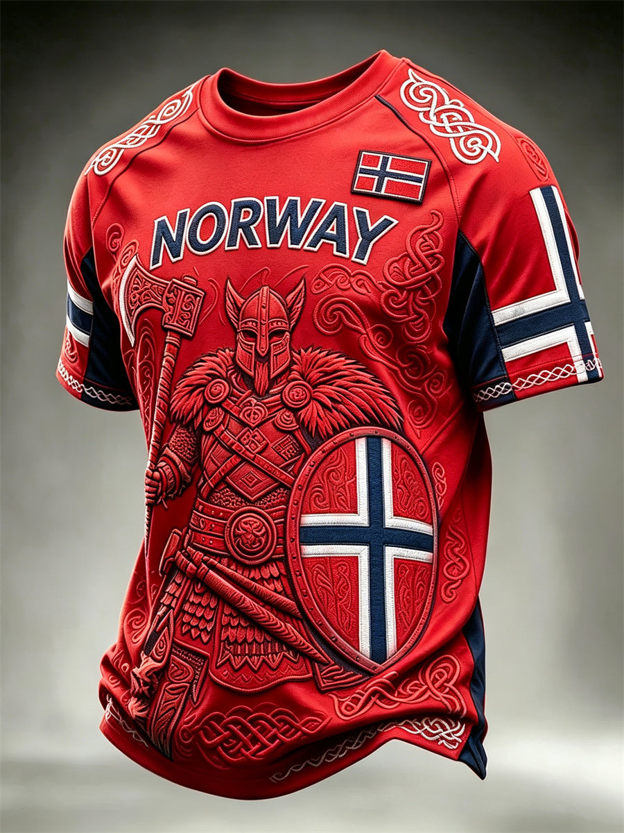 Herre-T-skjorte fra Norge med trykk av vikingkriger og keltisk knute, kortermet
