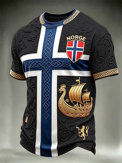 Herrer Norge Fotball Vikingeskips- og drage-keltisk flagg fargeblokktrykk t-skjorte med korte ermer
