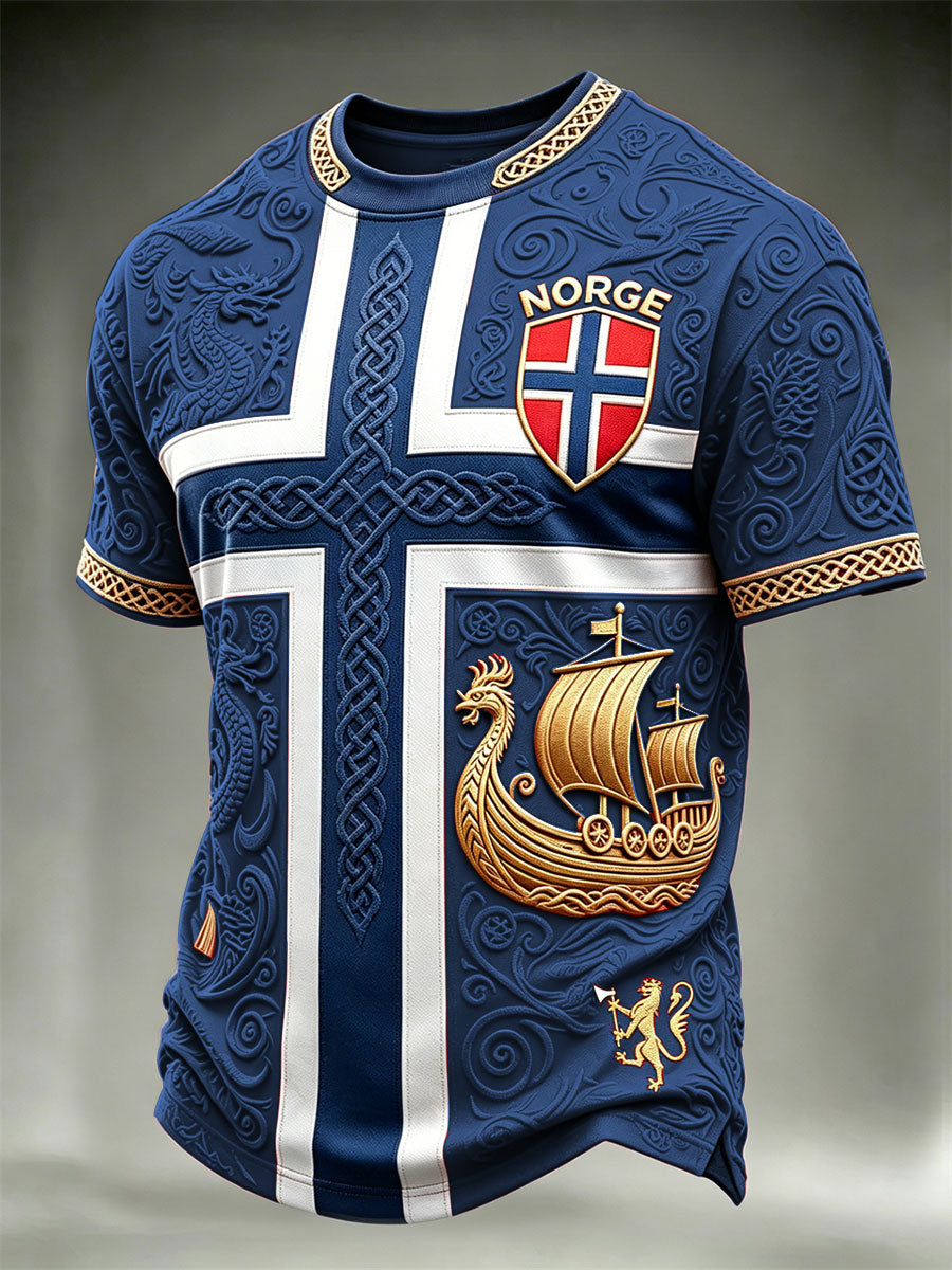 Herrer Norge Fotball Vikingeskips- og drage-keltisk flagg fargeblokktrykk t-skjorte med korte ermer