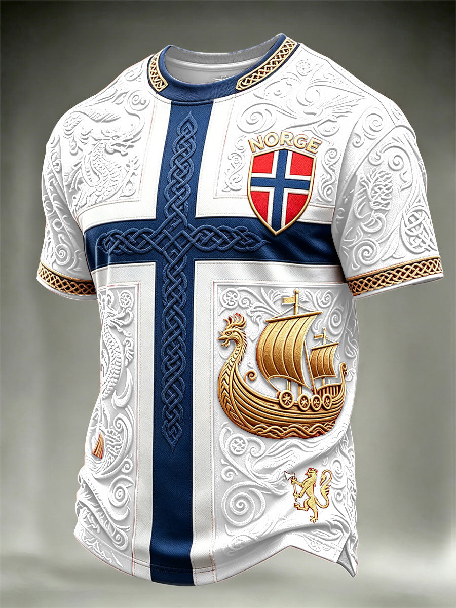 Herrer Norge Fotball Vikingeskips- og drage-keltisk flagg fargeblokktrykk t-skjorte med korte ermer