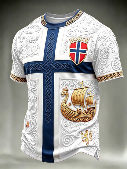 Herrer Norge Fotball Vikingeskips- og drage-keltisk flagg fargeblokktrykk t-skjorte med korte ermer