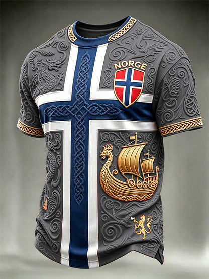 Herrer Norge Fotball Vikingeskips- og drage-keltisk flagg fargeblokktrykk t-skjorte med korte ermer