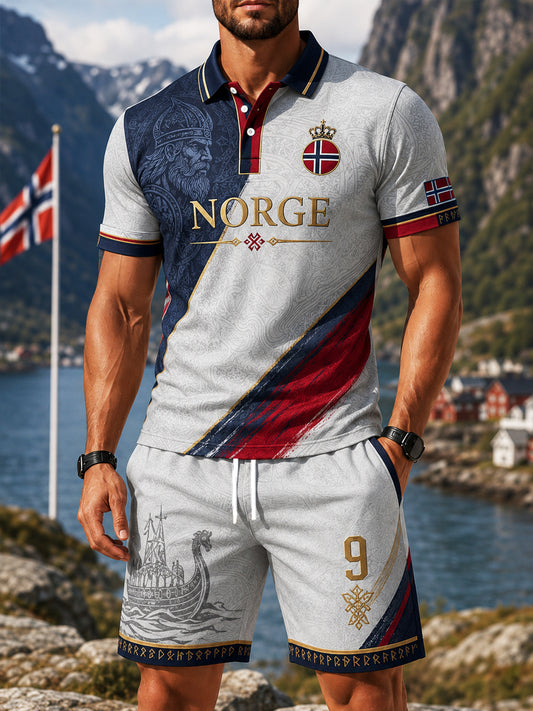 Menns Retro Norske Viking kriger Casual Polo Shorts Sett