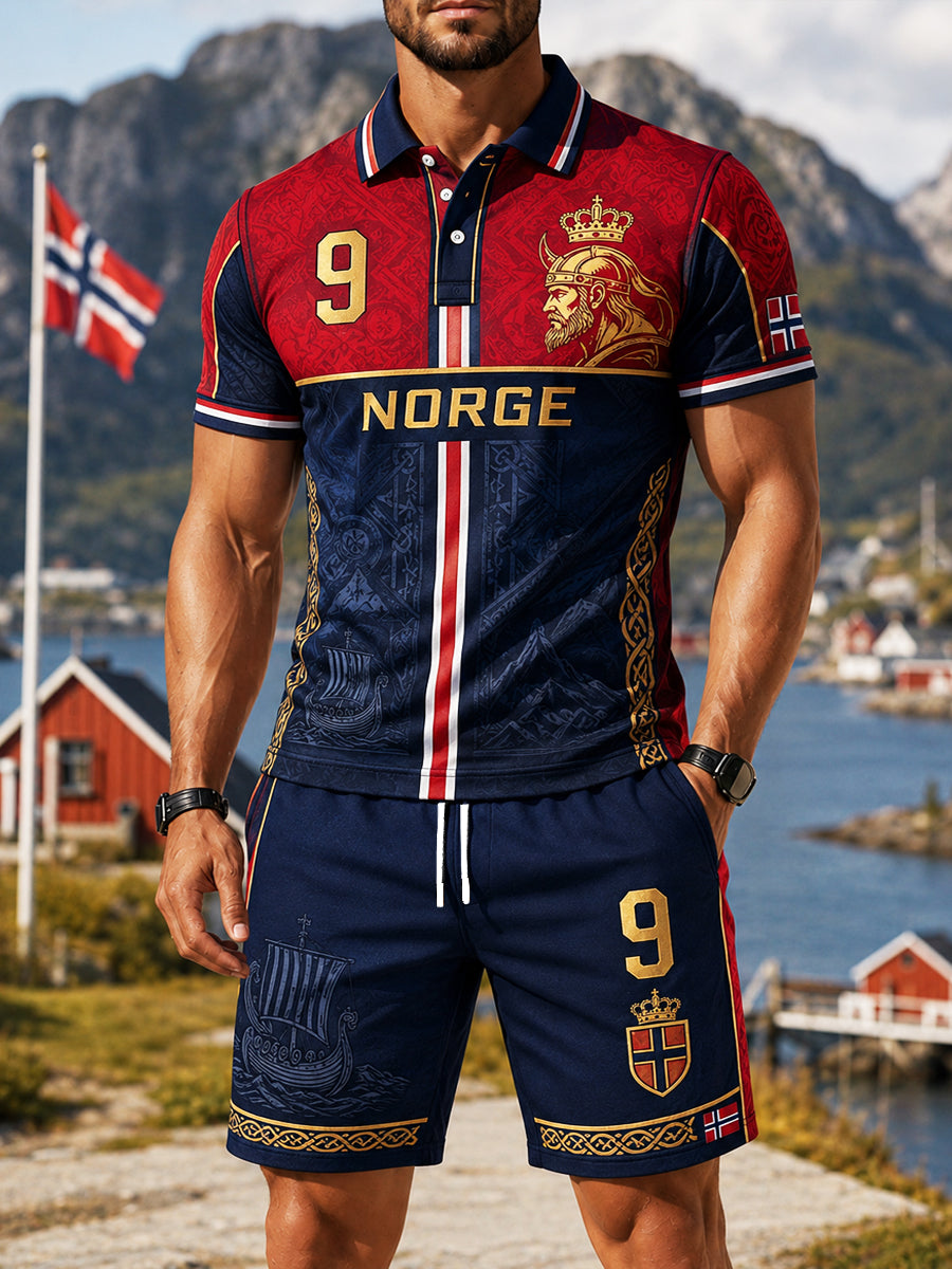 Menns retro norske vikingepatchwork Casual Polo Shorts Sett