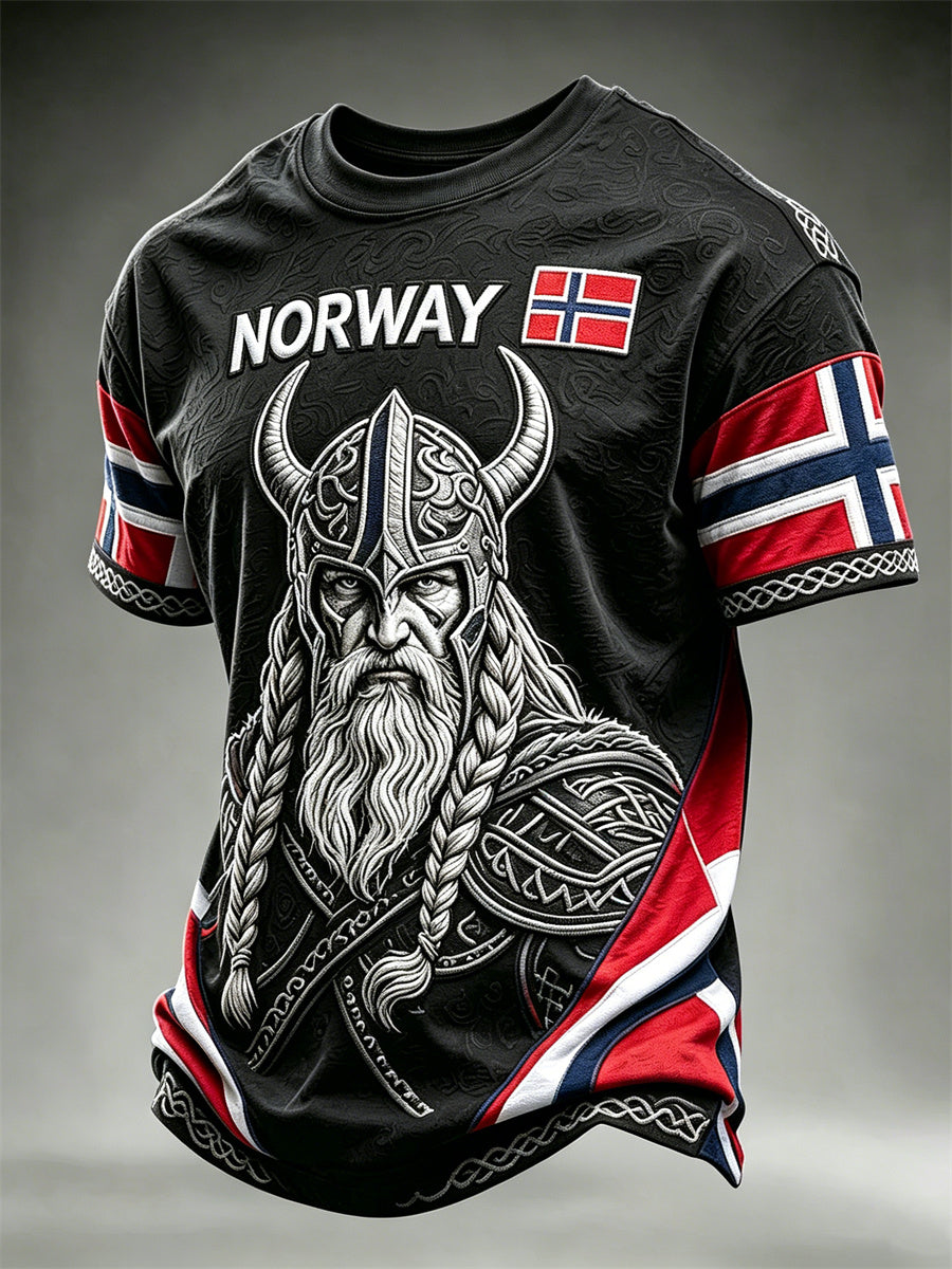 Herre-Norge-vikingkriger-keltisk knute-flagg-fargelapp-print-t-skjorte med korte ermer