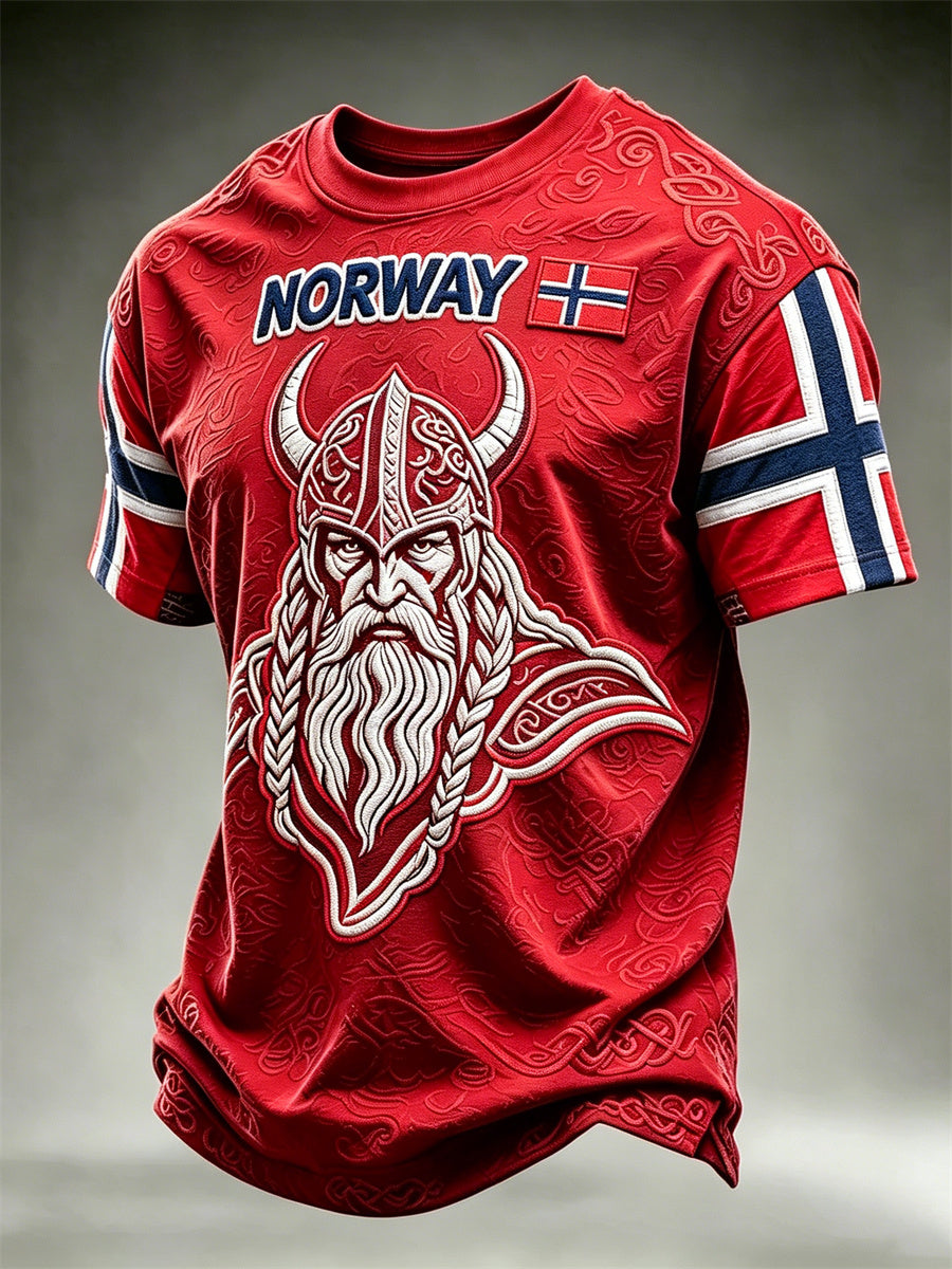 Herre-T-skjorte fra Norge med trykk av vikingkriger og keltisk knute, kortermet