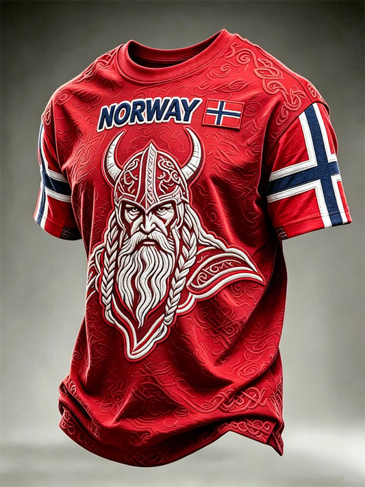 Herre-T-skjorte fra Norge med trykk av vikingkriger og keltisk knute, kortermet