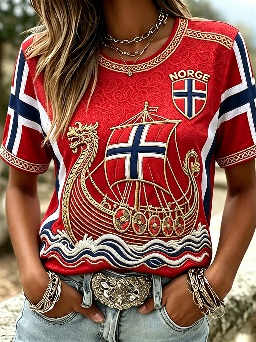 Damelag med nordisk vikingskips- og keltisk knuteflaggtrykk, t-skjorte med kortermet