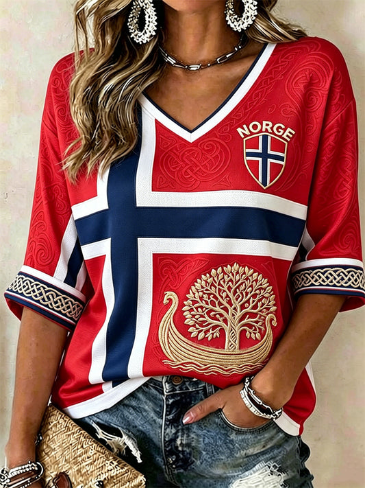 Kvinner Norge Viking skip Tre av liv keltisk knopflagg Skriv ut midt lengde ermer V-hals T-shirt
