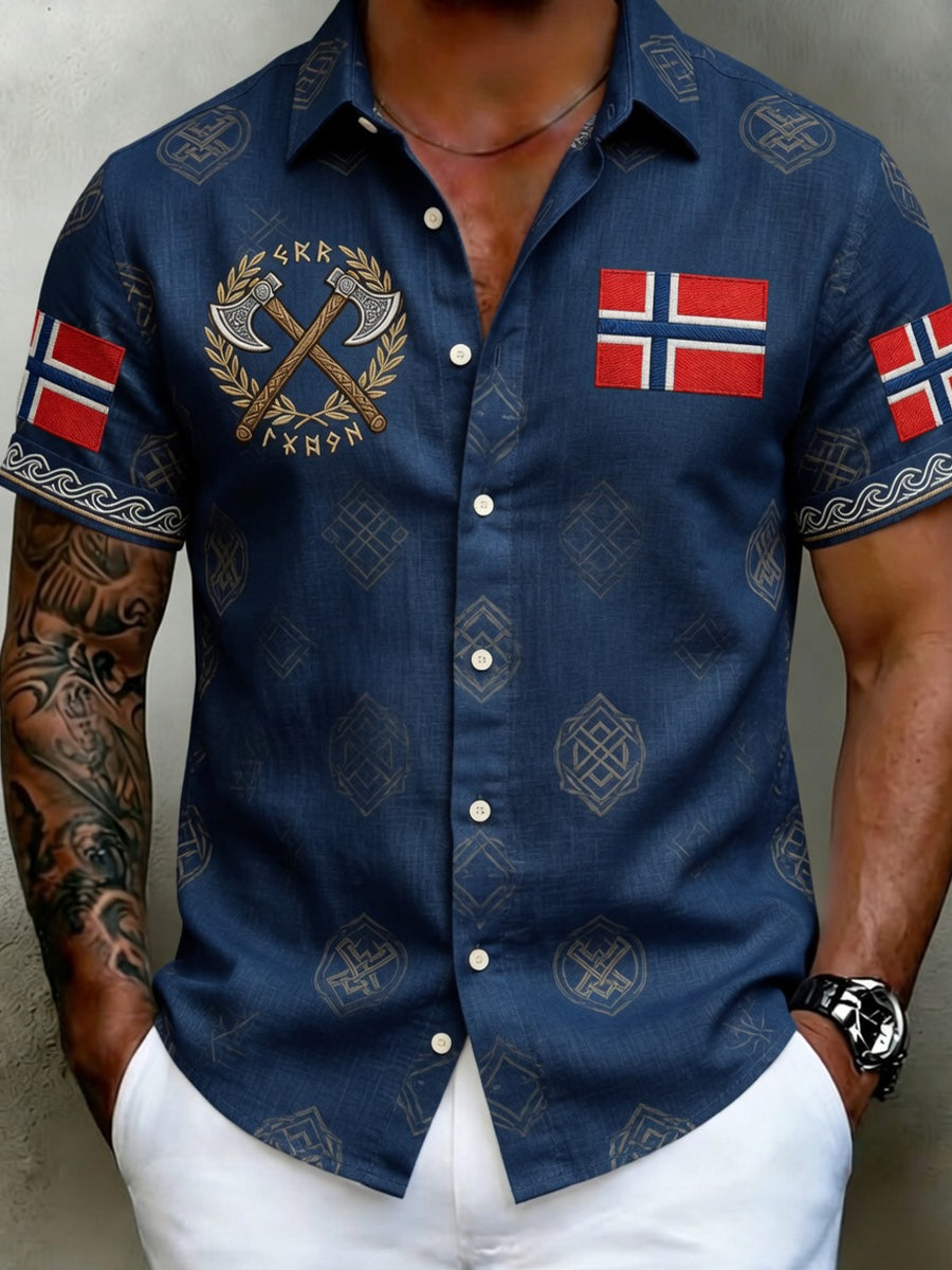 Retro nordisk vikingstil kunsttrykk avslappet skjorte