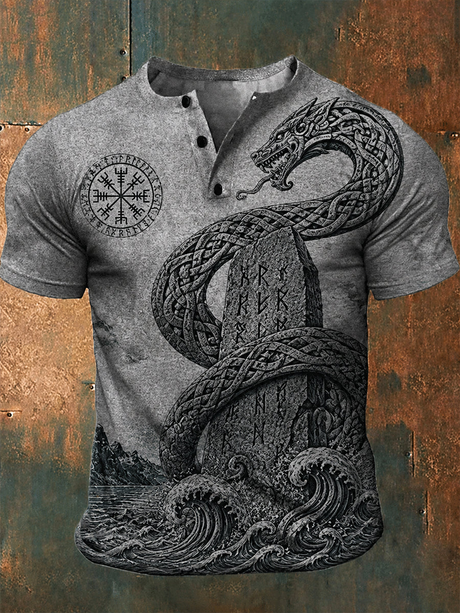 Retro Nordic Viking-stil grafisk utskrift Casual Henley-skjort