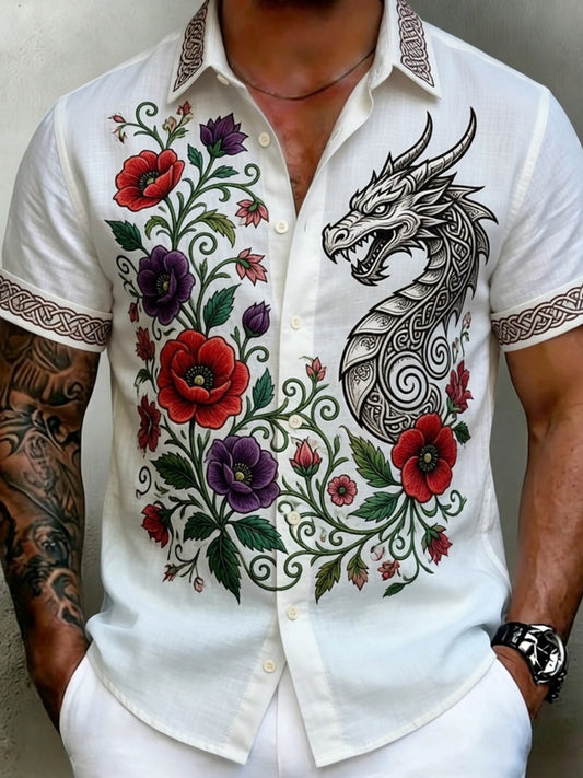 Retro nordisk vikingstil kunsttrykk avslappet skjorte