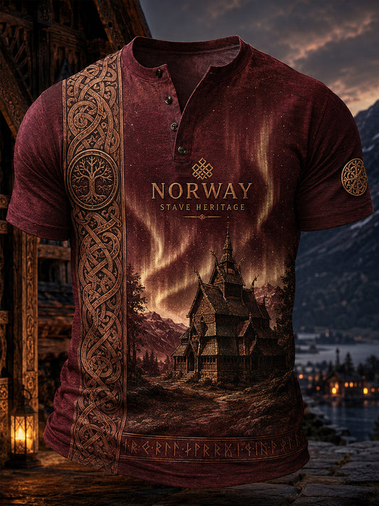 Retro nordisk vikingstil grafisk trykk avslappet Henley-skjorte