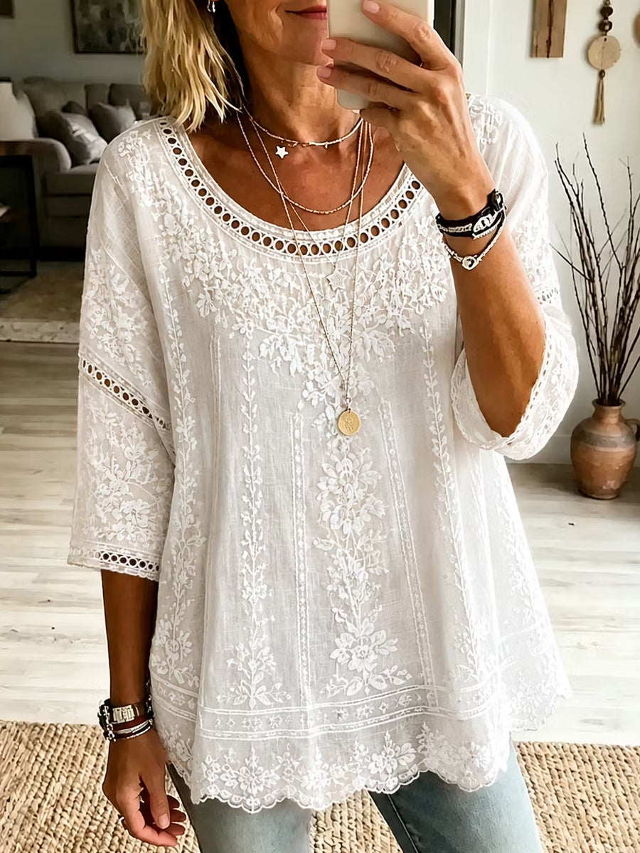Kvinnors Casual, bekväma lin topp med Vintage Floral Art Print