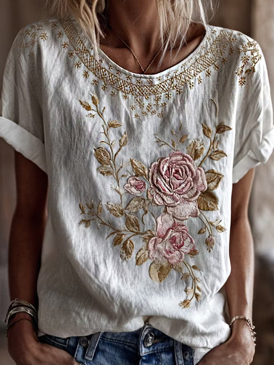 Kvinnlig avslappnad, bekväm linnetröja med vintageblommig konsttryck