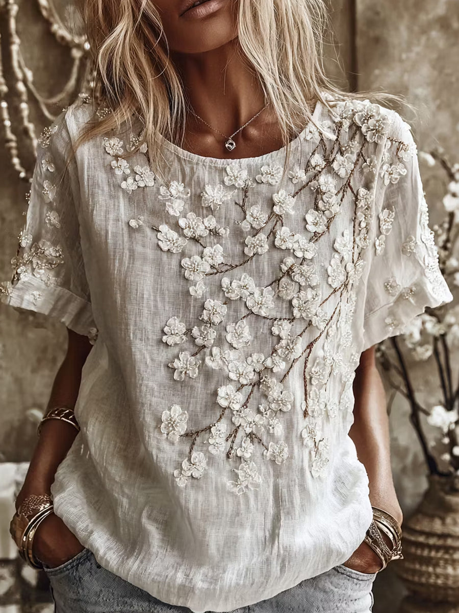 Kvinnors Casual, bekväma lin T-shirt med Vintage Floral Art Print