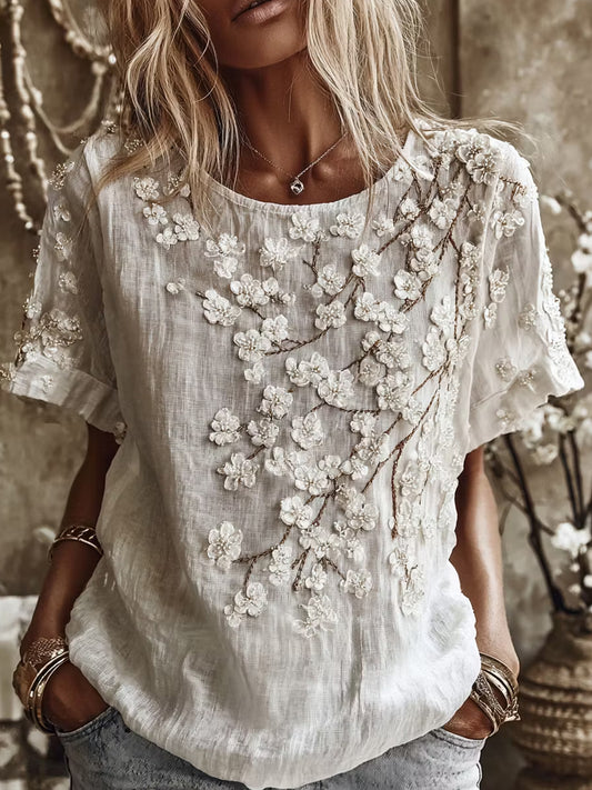 Kvinnors Casual, bekväma lin T-shirt med Vintage Floral Art Print