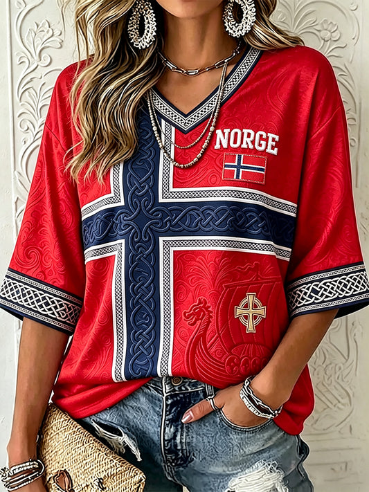 Kvinner Norge Viking inspirert keltisk flagg Skriv ut midt lengde ermer V-hals T-shirt