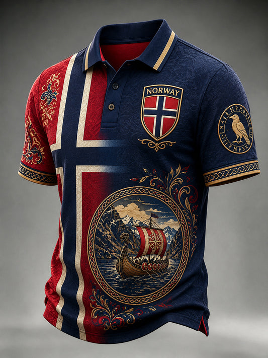 Vintagestil norsk viking-, skandinavisk- og nordisk kunsttrykk på uformell poloskjorte