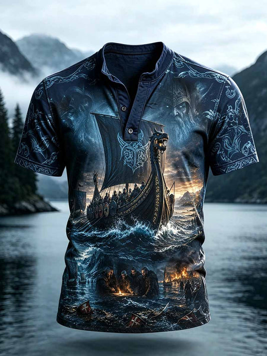 Mans retro vikingkrigarmönstrad ledig t-shirt