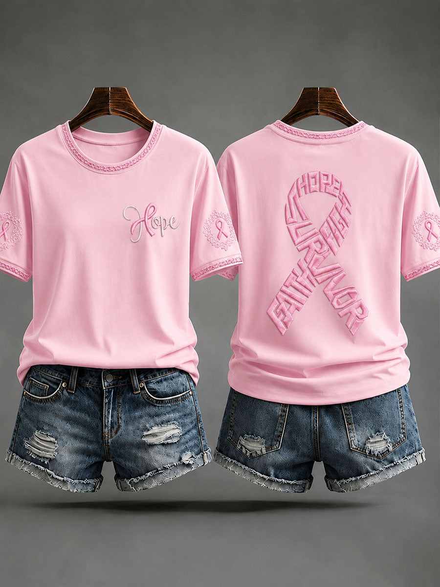 Kvinnors avslappnade t-shirt för bröstcancerförebyggande och medvetandegörande med texten ”Hope”