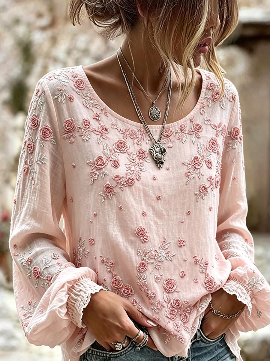 Damskjorta i klassisk bohostil med rosa blomstermotiv, bomull-linne
