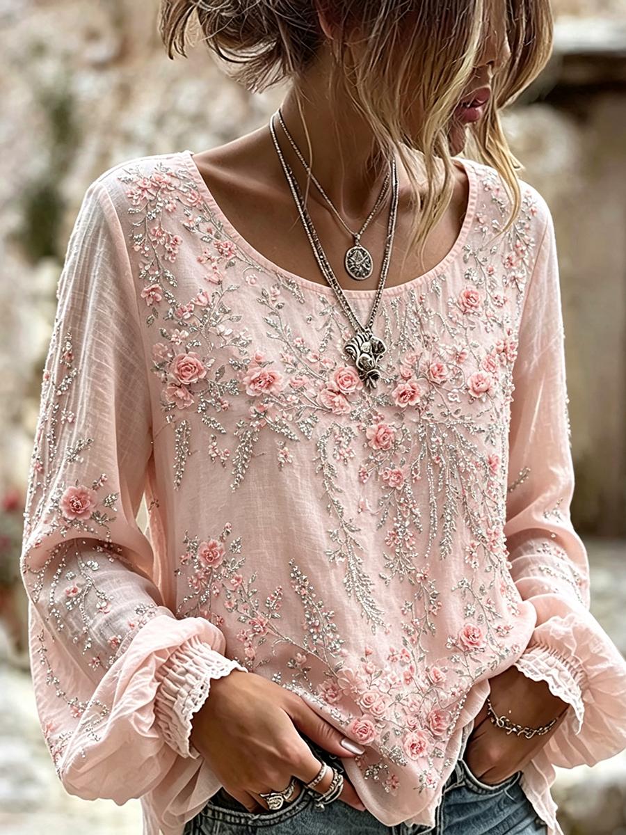 Damskjorta i klassisk bohostil med rosa blomstermotiv, bomull-linne