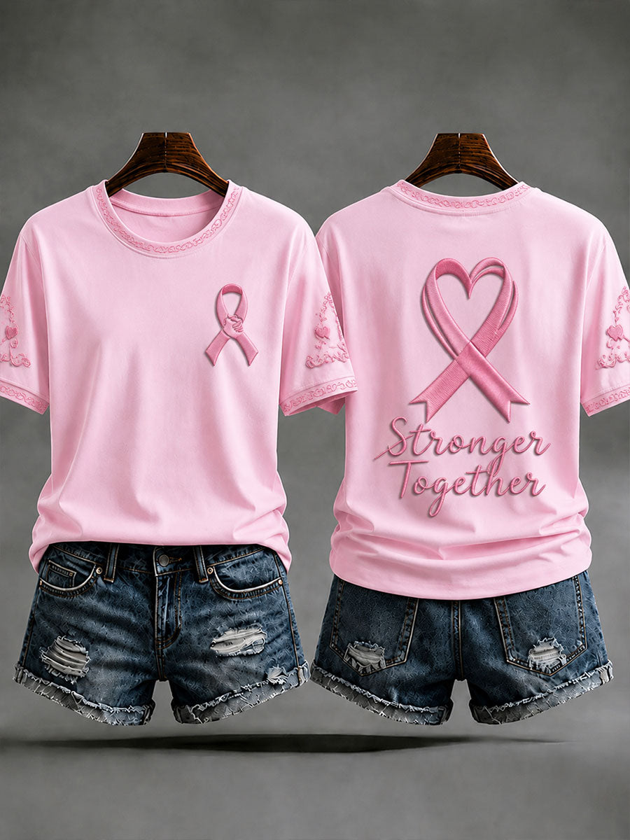 Kvinnors avslappnade t-shirt för bröstcancerförebyggande och medvetandegörande – ”Stronger Together”