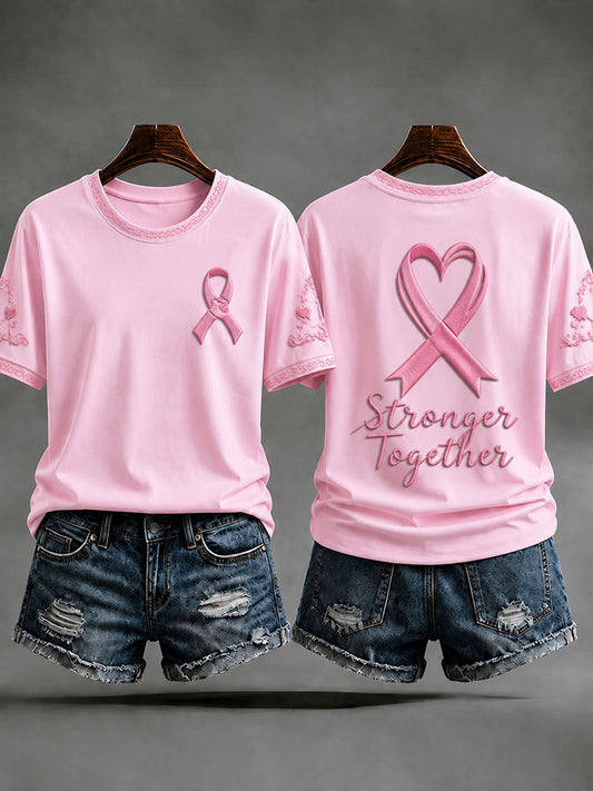 Kvinnors avslappnade t-shirt för bröstcancerförebyggande och medvetandegörande – ”Stronger Together”