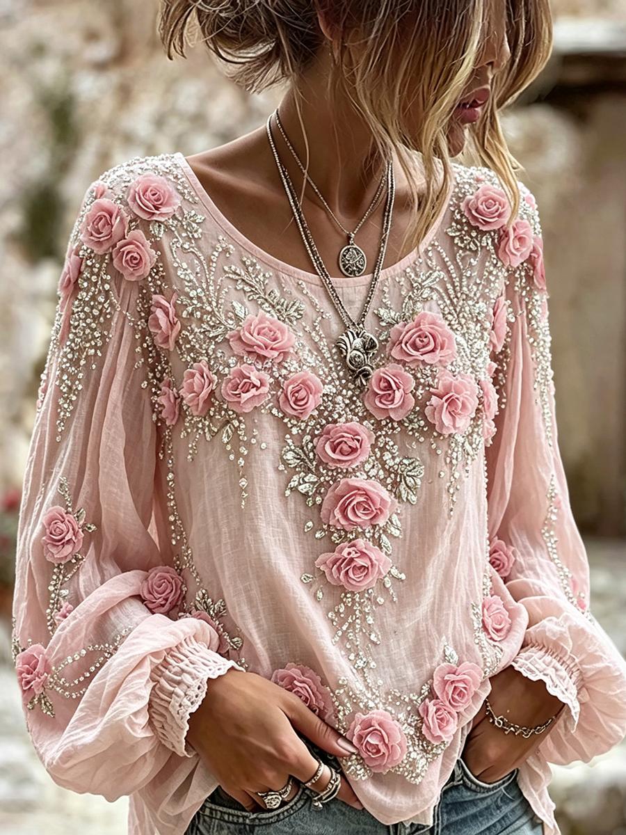 Damskjorta i klassisk bohostil med rosa blomstermotiv, bomull-linne
