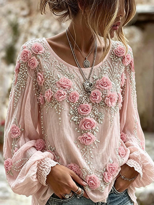 Damskjorta i klassisk bohostil med rosa blomstermotiv, bomull-linne