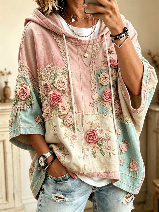 Kvinnors Vintage rosa rosor blommor färgblock Skriv ut mitt längd ärmar Oversize Hoodiee